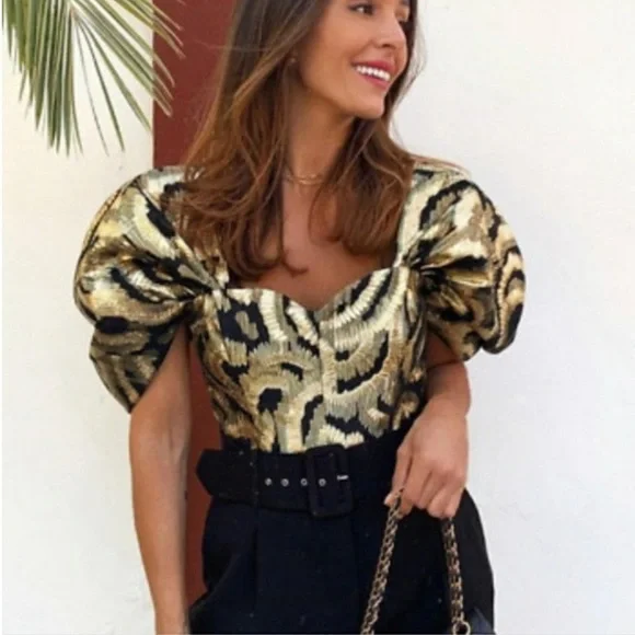 NWT Zara Metallic Gold Black Crop Top Size Medium - Picture 3 of 11